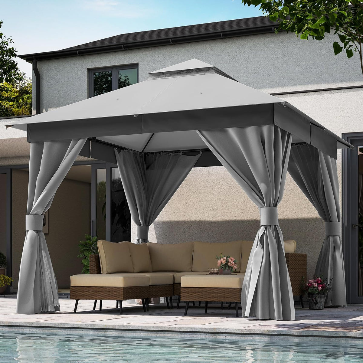 10x20 Gazebo Canopy with 100FT String Lights, Metal Heavy Duty Patio Canopy Tent with Double Roofs, Mosquito Nettings and Privacy Screens for Backyard, Garden, Lawn, Gray