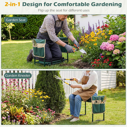 2-in-1 Garden Kneeler & Seat, Folding Seat w/EVA Foam Kneeling Pad & Removable Tools Pouch, Sturdy Steel Frame, No Assembly, Portable Heavy Duty Garden Stool for Women & Men