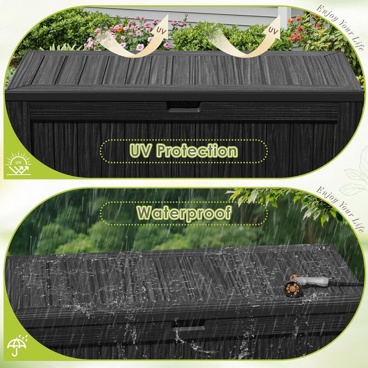 Devoko 100 Gallon Waterproof Large Resin Deck Box Indoor Outdoor Lockable Storage Container for Patio Furniture Cushions Garden Tools (100 Gallon, Black)