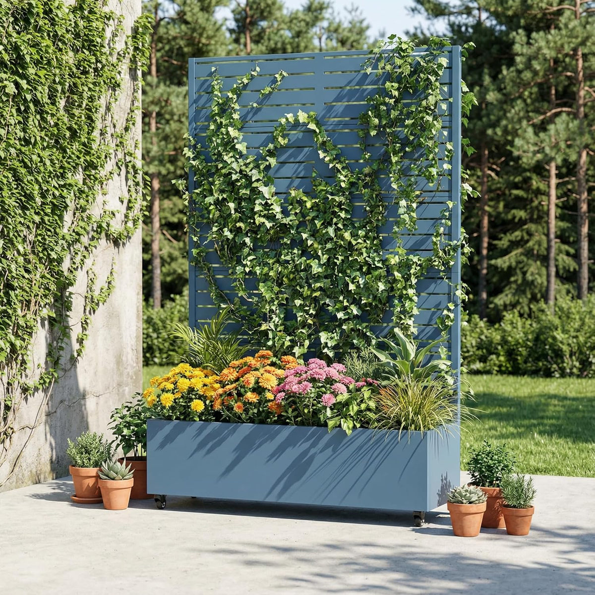 Casaphoria Metal Raised Garden Bed with Trellis and Wheels, 72"x47"x16" Planter Box for Climbing Plants, Vegetables & Vines, Features Drainage Holes and Privacy Screen (Black-Louver) - Colors C