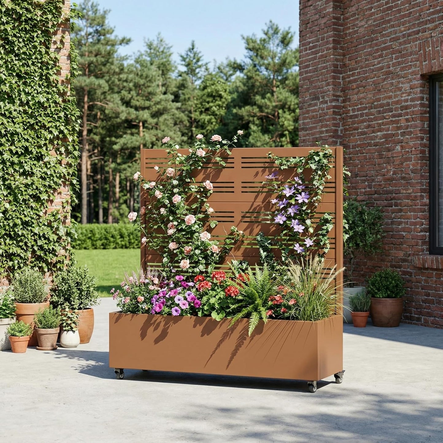 Casaphoria Metal Raised Garden Bed with Trellis and Wheels, 72"x47"x16" Planter Box for Climbing Plants, Vegetables & Vines, Features Drainage Holes and Privacy Screen (Black-Louver) - Colors B