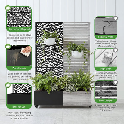 Casaphoria Metal Raised Garden Bed with Trellis and Wheels, 72"x47"x16" Planter Box for Climbing Plants, Vegetables & Vines, Features Drainage Holes and Privacy Screen (Black-Louver) - Colors D