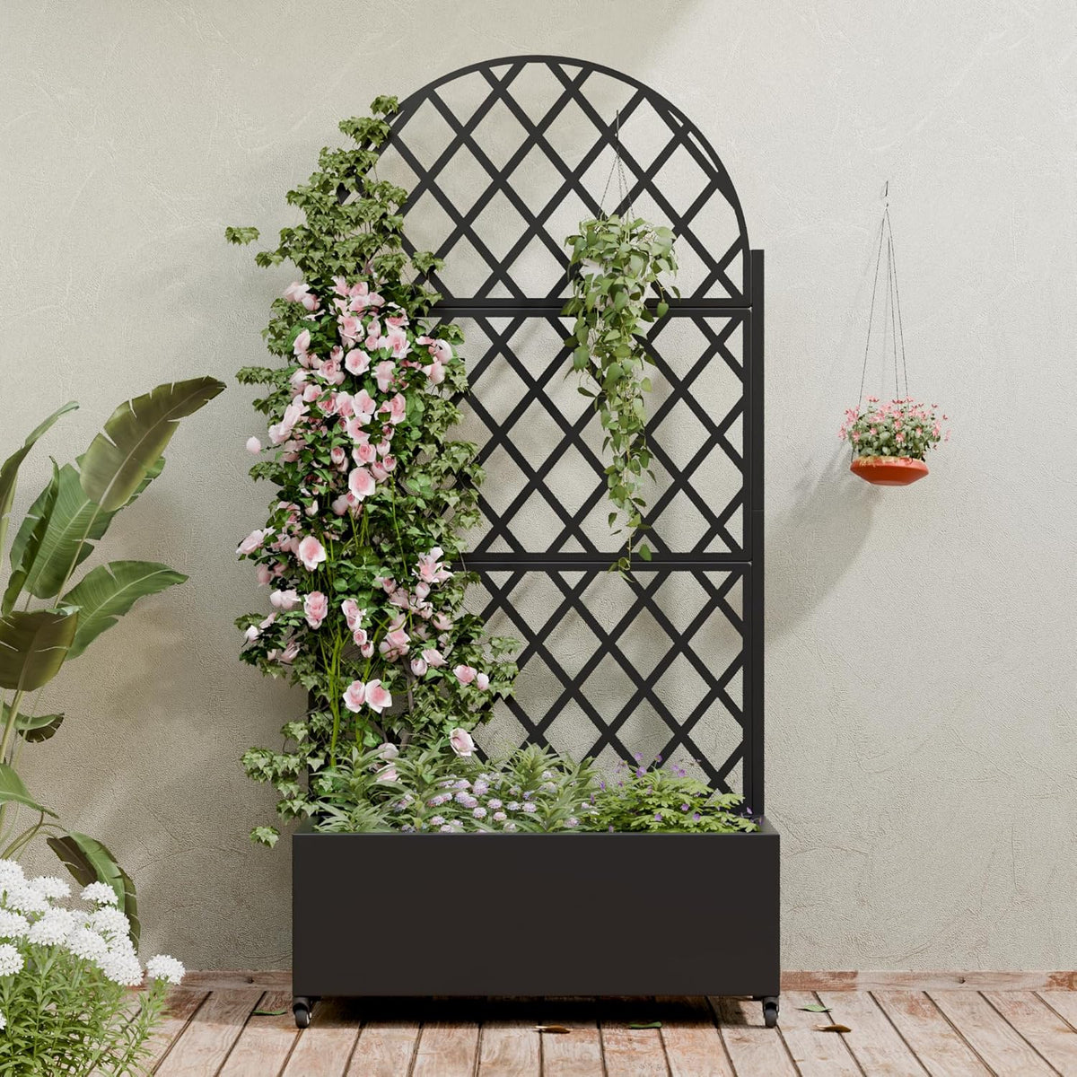 Casaphoria Metal Raised Garden Bed with Trellis and Wheels, 72"x47"x16" Planter Box for Climbing Plants, Vegetables & Vines, Features Drainage Holes and Privacy Screen (Black-Louver) - Colors C