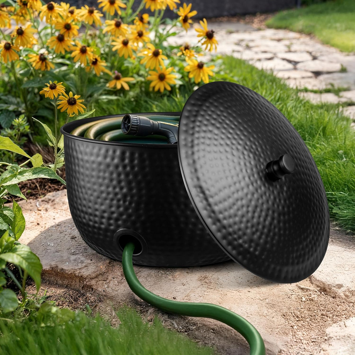Monarch Abode Garden Hose Holder with Lid – Decorative Water Hose Holders for Outside, Hand Hammered Metal Matte Black Pot with Drainage, 100ft Waterhose Holder for Outside, Garden Storage Caddy