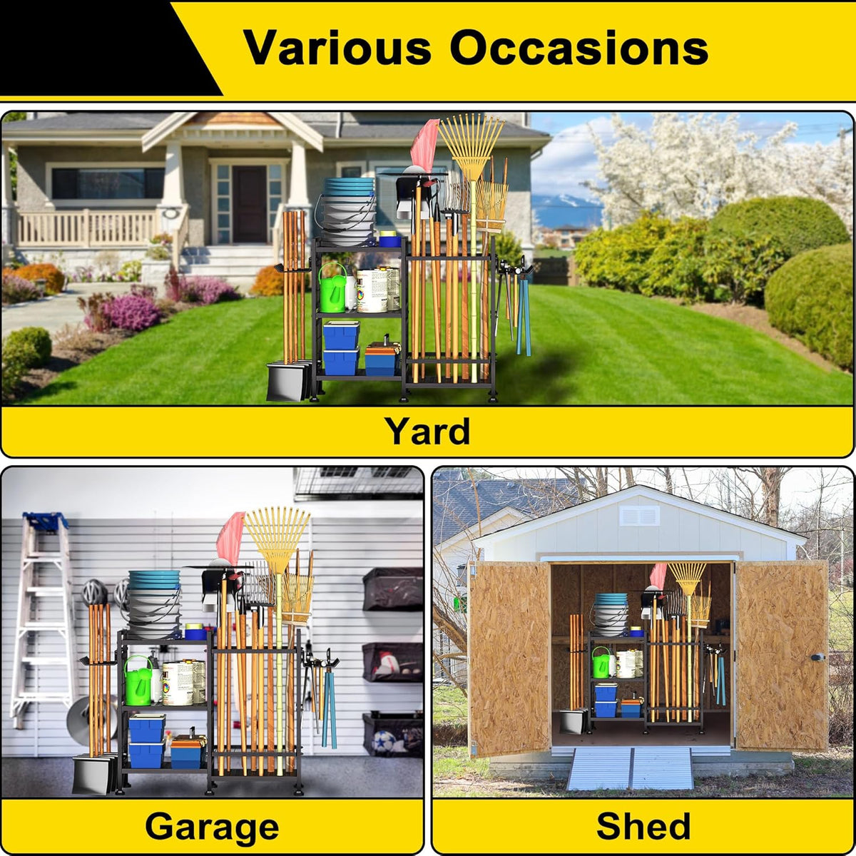 3 Tier Garden Tool Organizer, Garage Storage and Organization, Metal Yard Tools Storage up to 78 Tools, Heavy Duty Garden Tool Organizer for Garage, Yard, Patio, Shed, Indoors and Outdoors, Black