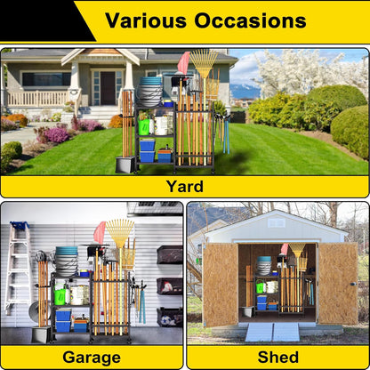 3 Tier Garden Tool Organizer, Garage Storage and Organization, Metal Yard Tools Storage up to 78 Tools, Heavy Duty Garden Tool Organizer for Garage, Yard, Patio, Shed, Indoors and Outdoors, Black