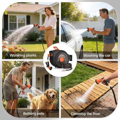 Mars Villa Retractable Garden Hose Reel 1/2 IN x 50 FT, Wall Mounted Heavy Duty Water Hose for Outside, Auto-Rewind & Any Length Lock, 180° Swivel Bracket, Slow Return, 10 Spray Patterns, UV-Resistant