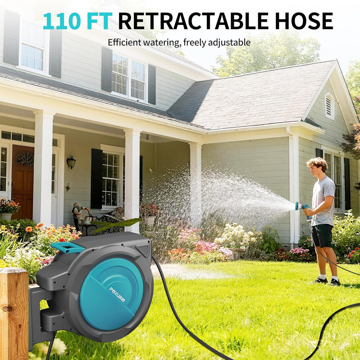 1/2" 150FT Retractable Garden Hose Reel, Wall Mounted Automatic Hose Reel with Upgraded 10 Pattern Nozzle/Any Length Lock/Slow Return System/180°Swivel Bracket, AquaBlue