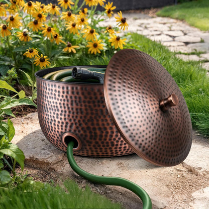 Monarch Abode Garden Hose Holder with Lid – Decorative Water Hose Holders for Outside, Hand Hammered Metal Matte Black Pot with Drainage, 100ft Waterhose Holder for Outside, Garden Storage Caddy