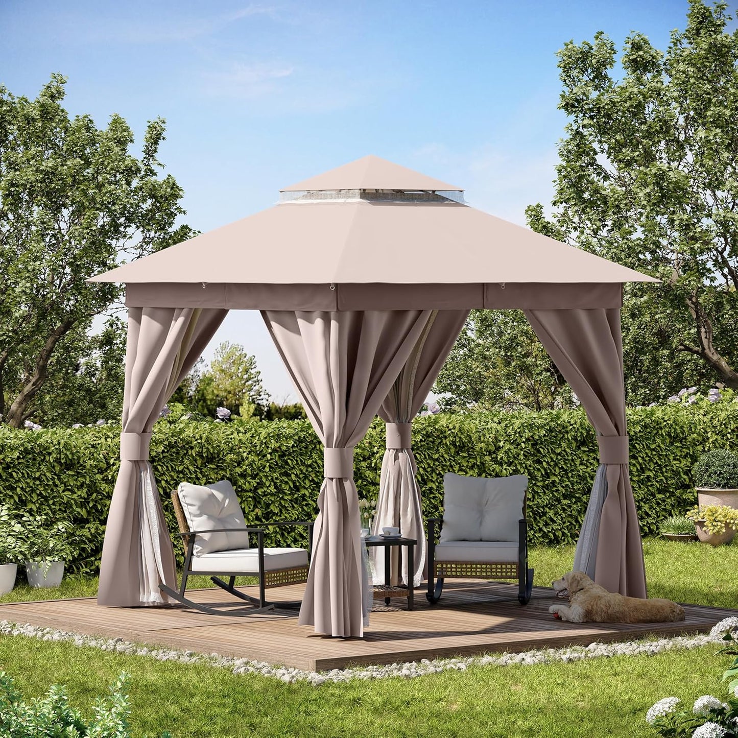10x20 Gazebo Canopy with 100FT String Lights, Metal Heavy Duty Patio Canopy Tent with Double Roofs, Mosquito Nettings and Privacy Screens for Backyard, Garden, Lawn, Gray