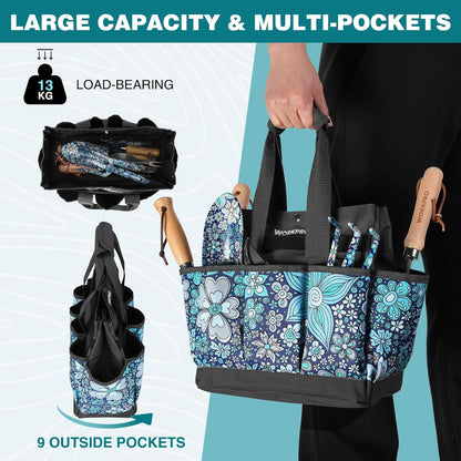 WORKPRO Garden Tool Bag, 9 Pockets Gardening Bag, Heavy Duty Oxford Garden Tote Caddy (Tools NOT Included), 12" x 12" x 6" (Floral White)