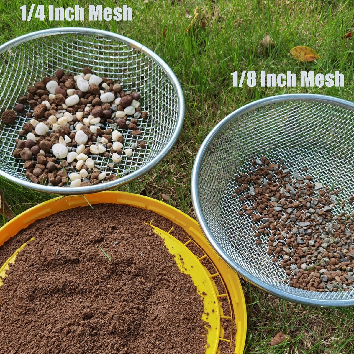 2PCS YUEBM Gardening Sand Soil Compost Sifter Perfect for 5 Gallon Bucket, 1/4 Inch Mesh, 1/8 Inch Mesh
