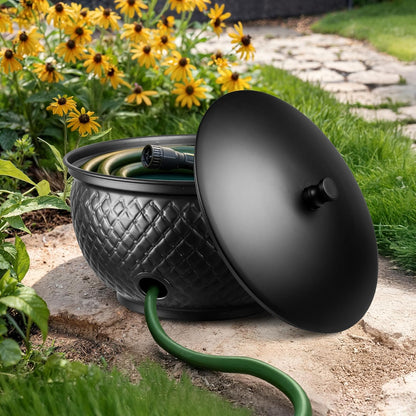 Monarch Abode Garden Hose Holder with Lid – Decorative Water Hose Holders for Outside, Diamond Embossed Metal Patina Pot with Drainage, 100ft Waterhose Holder for Outside, Garden Storage Caddy