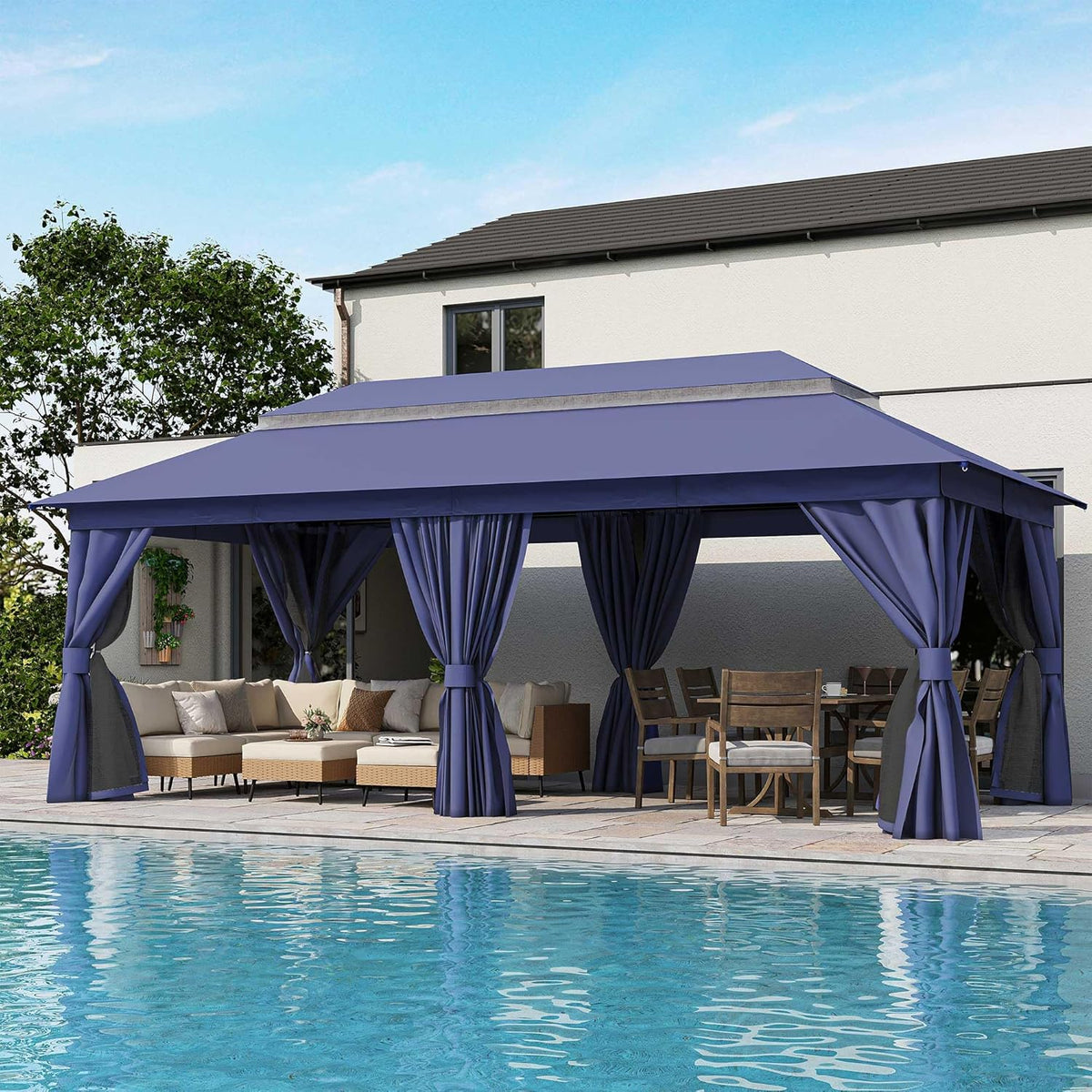 10x20 Gazebo Canopy with 100FT String Lights, Metal Heavy Duty Patio Canopy Tent with Double Roofs, Mosquito Nettings and Privacy Screens for Backyard, Garden, Lawn, Gray