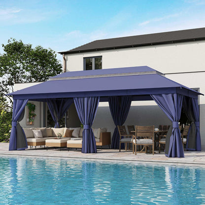 10x20 Gazebo Canopy with 100FT String Lights, Metal Heavy Duty Patio Canopy Tent with Double Roofs, Mosquito Nettings and Privacy Screens for Backyard, Garden, Lawn, Gray