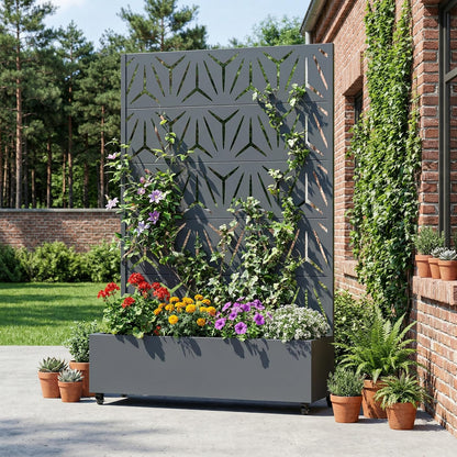 Casaphoria Metal Raised Garden Bed with Trellis and Wheels, 72"x47"x16" Planter Box for Climbing Plants, Vegetables & Vines, Features Drainage Holes and Privacy Screen (Black-Louver) - Colors D