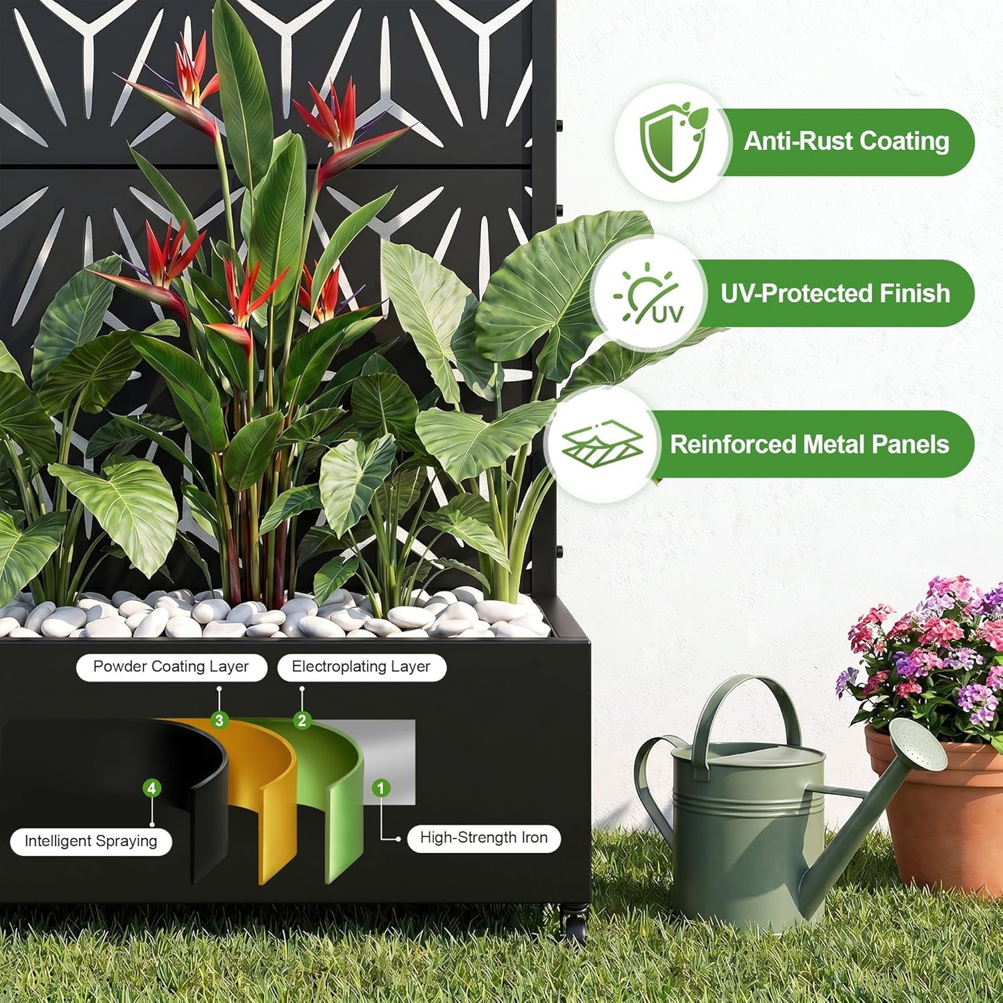 Casaphoria Metal Raised Garden Bed with Trellis and Wheels, 72"x47"x16" Planter Box for Climbing Plants, Vegetables & Vines, Features Drainage Holes and Privacy Screen (Black-Louver) - Colors A