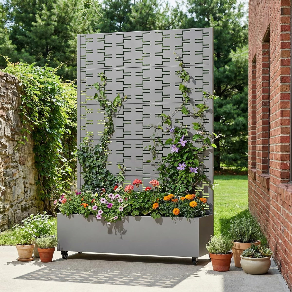 Casaphoria Metal Raised Garden Bed with Trellis and Wheels, 72"x47"x16" Planter Box for Climbing Plants, Vegetables & Vines, Features Drainage Holes and Privacy Screen (Black-Louver) - Colors C