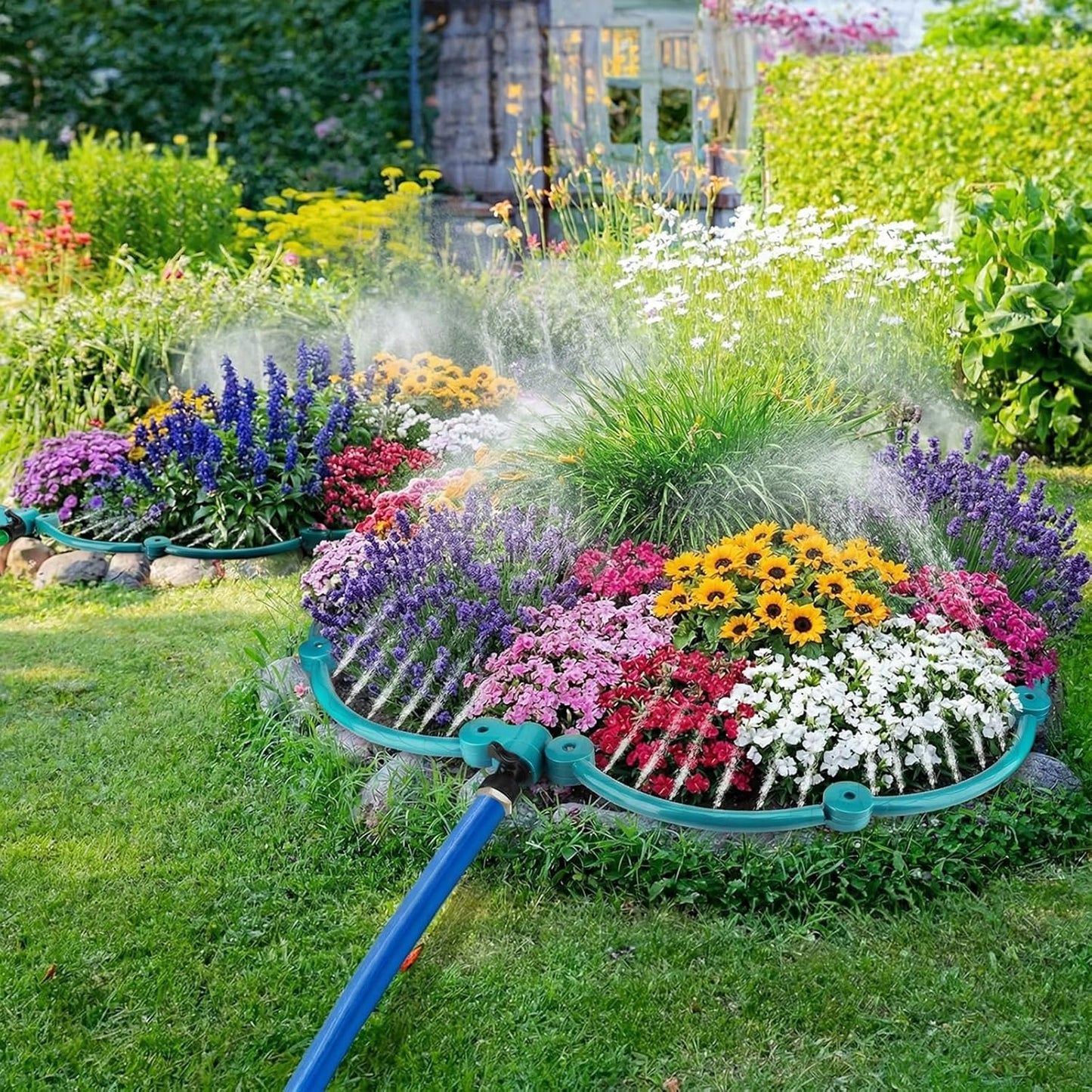 2Pcs 360° Tree Water System Tree Watering Ring 13 Inch Circle Sprinkler and Irrigation System Targeted Water with Y Hose Splitter for New Tree Outdoor Plants Raised Garden Beds Shrubs (Green, Small)