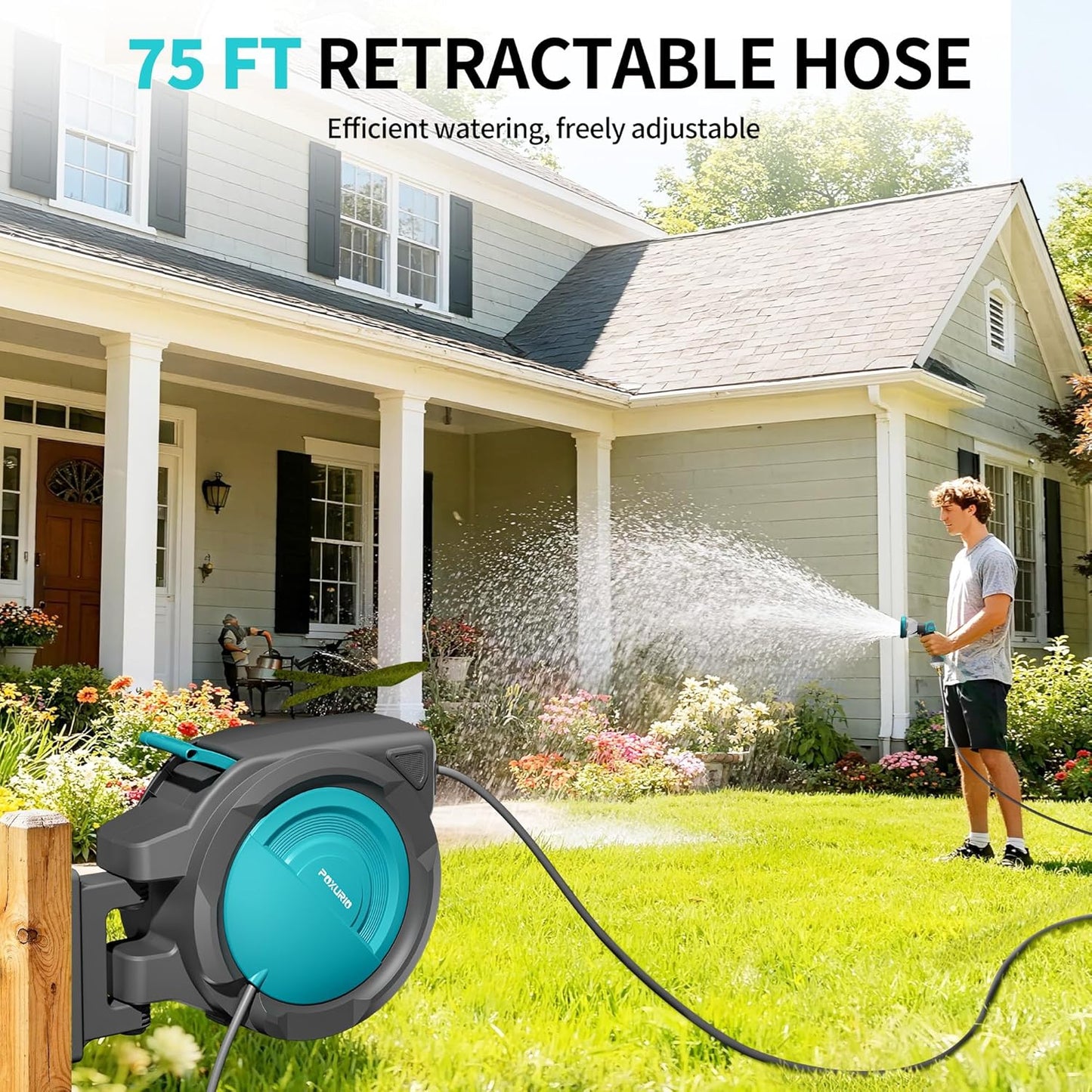 1/2" 150FT Retractable Garden Hose Reel, Wall Mounted Automatic Hose Reel with Upgraded 10 Pattern Nozzle/Any Length Lock/Slow Return System/180°Swivel Bracket, AquaBlue