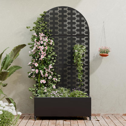 Casaphoria Metal Raised Garden Bed with Trellis and Wheels, 72"x47"x16" Planter Box for Climbing Plants, Vegetables & Vines, Features Drainage Holes and Privacy Screen (Black-Louver) - Colors C