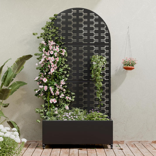 Casaphoria Metal Raised Garden Bed with Trellis and Wheels, 72"x47"x16" Planter Box for Climbing Plants, Vegetables & Vines, Features Drainage Holes and Privacy Screen (Black-Louver) - Colors C