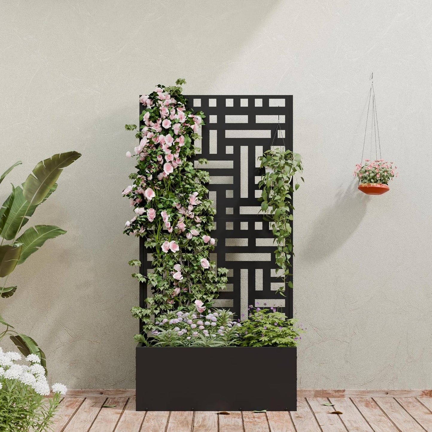 Casaphoria Metal Raised Garden Bed with Trellis and Wheels, 72"x47"x16" Planter Box for Climbing Plants, Vegetables & Vines, Features Drainage Holes and Privacy Screen (Black-Louver) - Colors B