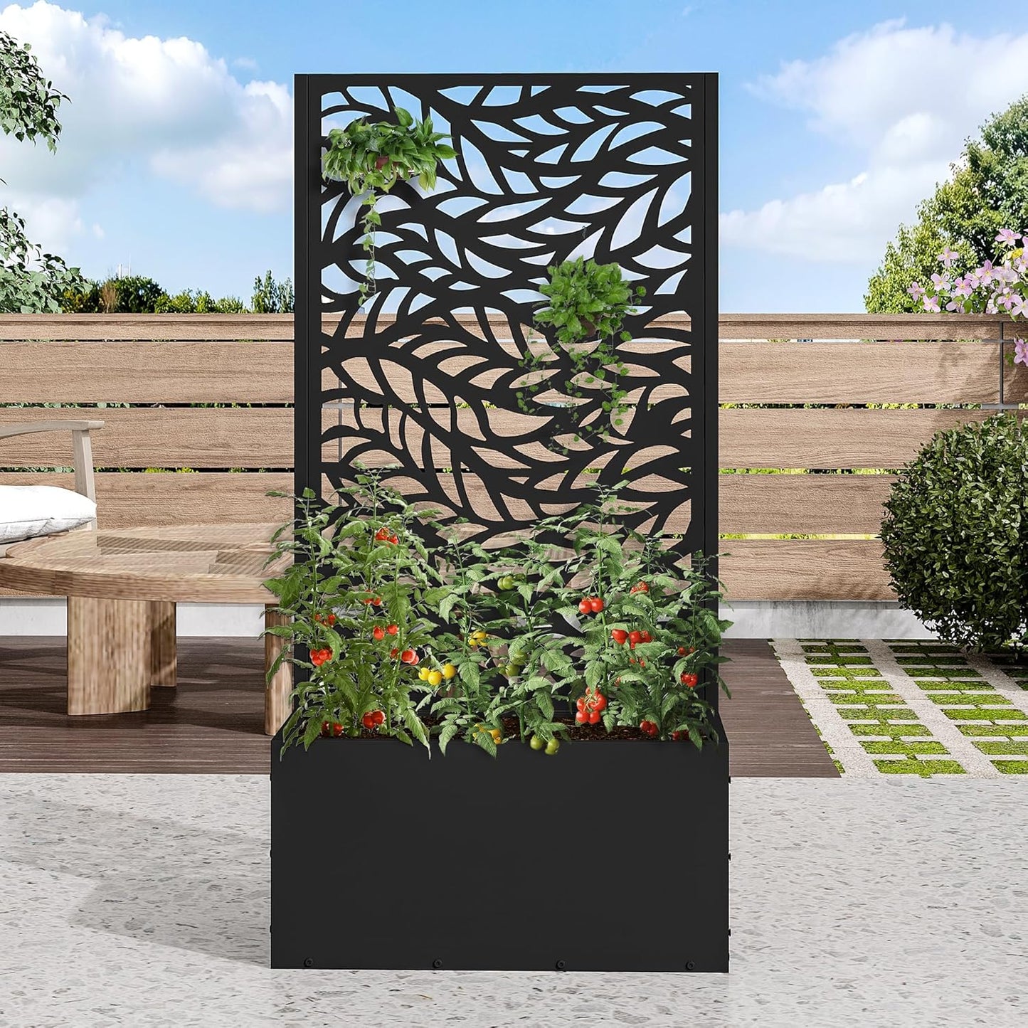 Casaphoria Metal Raised Garden Bed with Trellis and Wheels, 72"x47"x16" Planter Box for Climbing Plants, Vegetables & Vines, Features Drainage Holes and Privacy Screen (Black-Louver) - Colors D