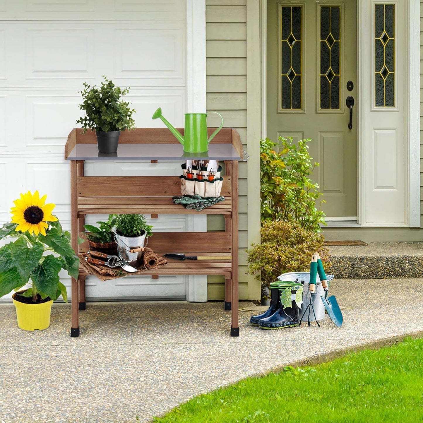 Yaheetech Outdoor Garden Potting Bench Table Wooden Horticulture Planting Worstation w/Metal Tabletop/Storage Shelf/3 Hooks, Natural Wood