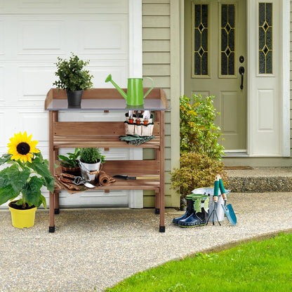 Yaheetech Outdoor Garden Potting Bench Table Wooden Horticulture Planting Worstation w/Metal Tabletop/Storage Shelf/3 Hooks, Natural Wood
