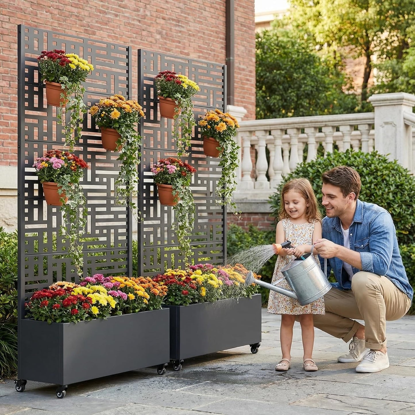 Casaphoria Metal Raised Garden Bed with Trellis and Wheels, 72"x47"x16" Planter Box for Climbing Plants, Vegetables & Vines, Features Drainage Holes and Privacy Screen (Black-Louver) - Colors C