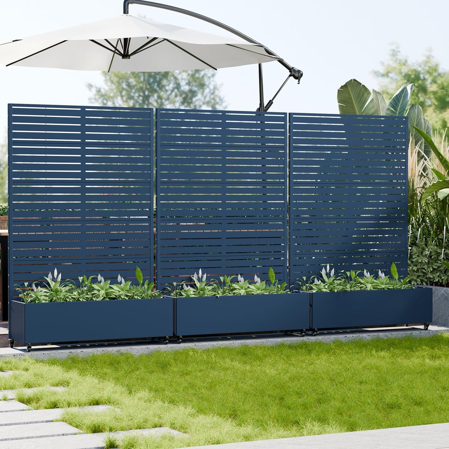 Casaphoria Metal Raised Garden Bed with Trellis and Wheels, 72"x47"x16" Planter Box for Climbing Plants, Vegetables & Vines, Features Drainage Holes and Privacy Screen (Black-Louver) - Colors C