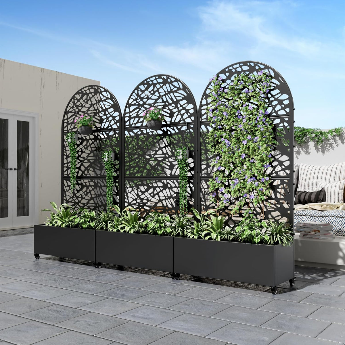 Casaphoria Metal Raised Garden Bed with Trellis and Wheels, 72"x47"x16" Planter Box for Climbing Plants, Vegetables & Vines, Features Drainage Holes and Privacy Screen (Black-Louver) - Colors D