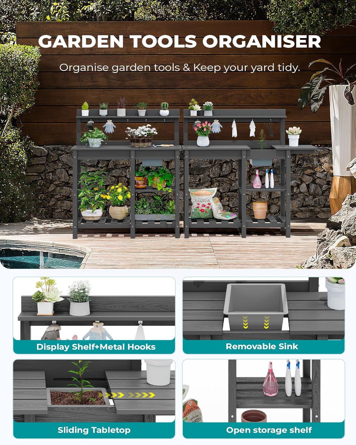 SERWALL Outdoor Potting Bench with Removeable Sink,Rot-Resistant HDPE Potting Table for Outside Gardening, All Weather Use - Gray