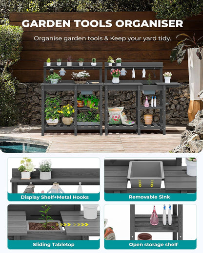 SERWALL Outdoor Potting Bench with Removeable Sink,Rot-Resistant HDPE Potting Table for Outside Gardening, All Weather Use - Gray