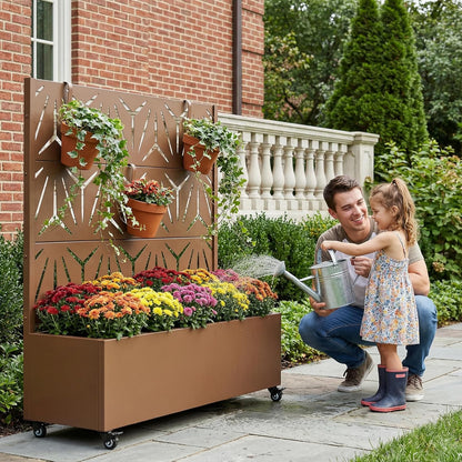 Casaphoria Metal Raised Garden Bed with Trellis and Wheels, 72"x47"x16" Planter Box for Climbing Plants, Vegetables & Vines, Features Drainage Holes and Privacy Screen (Black-Louver) - Colors B