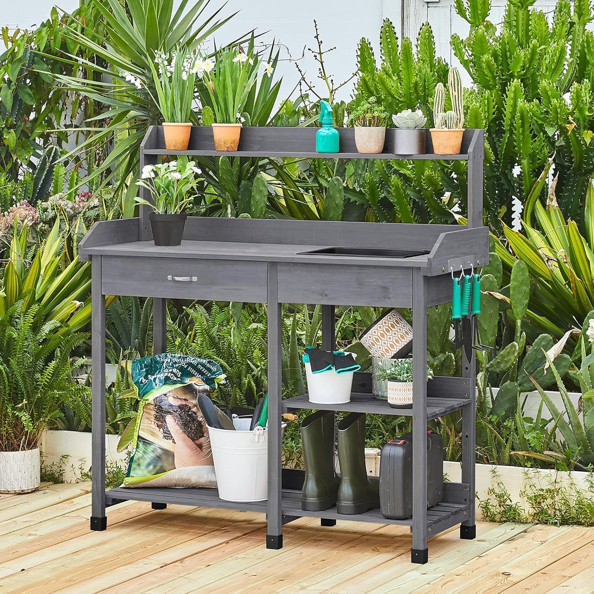 Yaheetech Potting Bench Outdoor Garden Work Bench Station Planting Solid Wood Construction for Horticulture w/Sink Drawer Rack Shelves Natural Wood