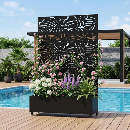 Casaphoria Metal Raised Garden Bed with Trellis and Wheels, 72"x47"x16" Planter Box for Climbing Plants, Vegetables & Vines, Features Drainage Holes and Privacy Screen (Black-Louver) - Colors B