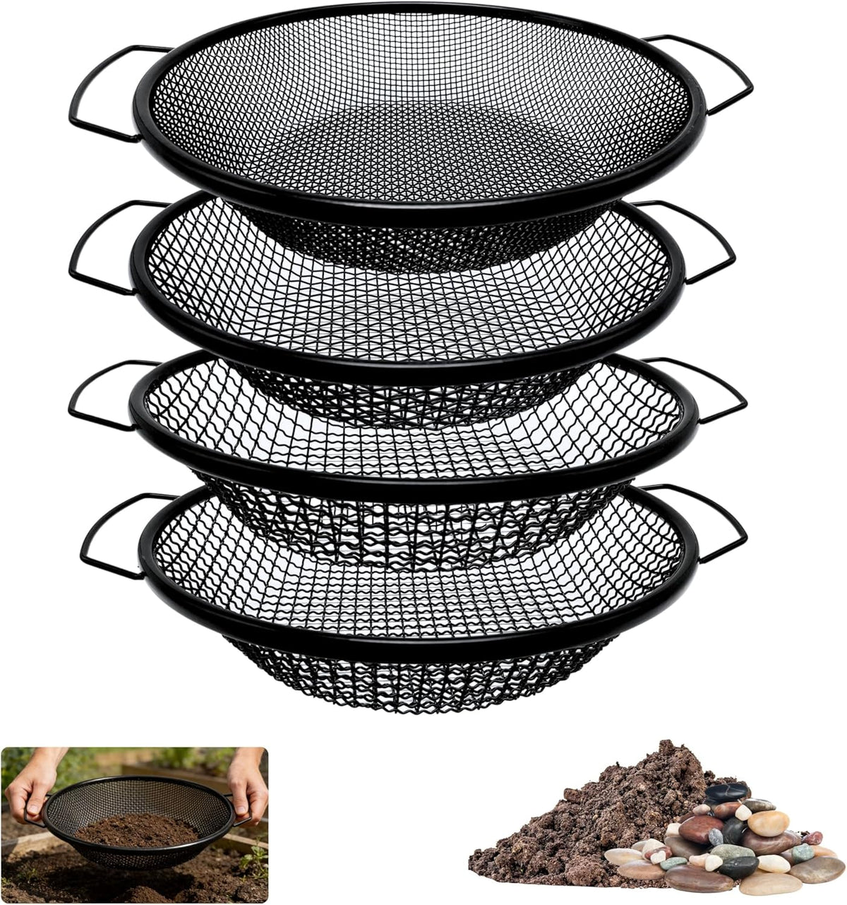 3PCS Soil Sifter for Gardening, Rock Sifter for 5gallon Bucket, Dirt Sifter Compost Sifter, Sifter for Gravel Sawdust Vermicompost, 3mm, 6mm,8mm, Soil Sifter with Handle