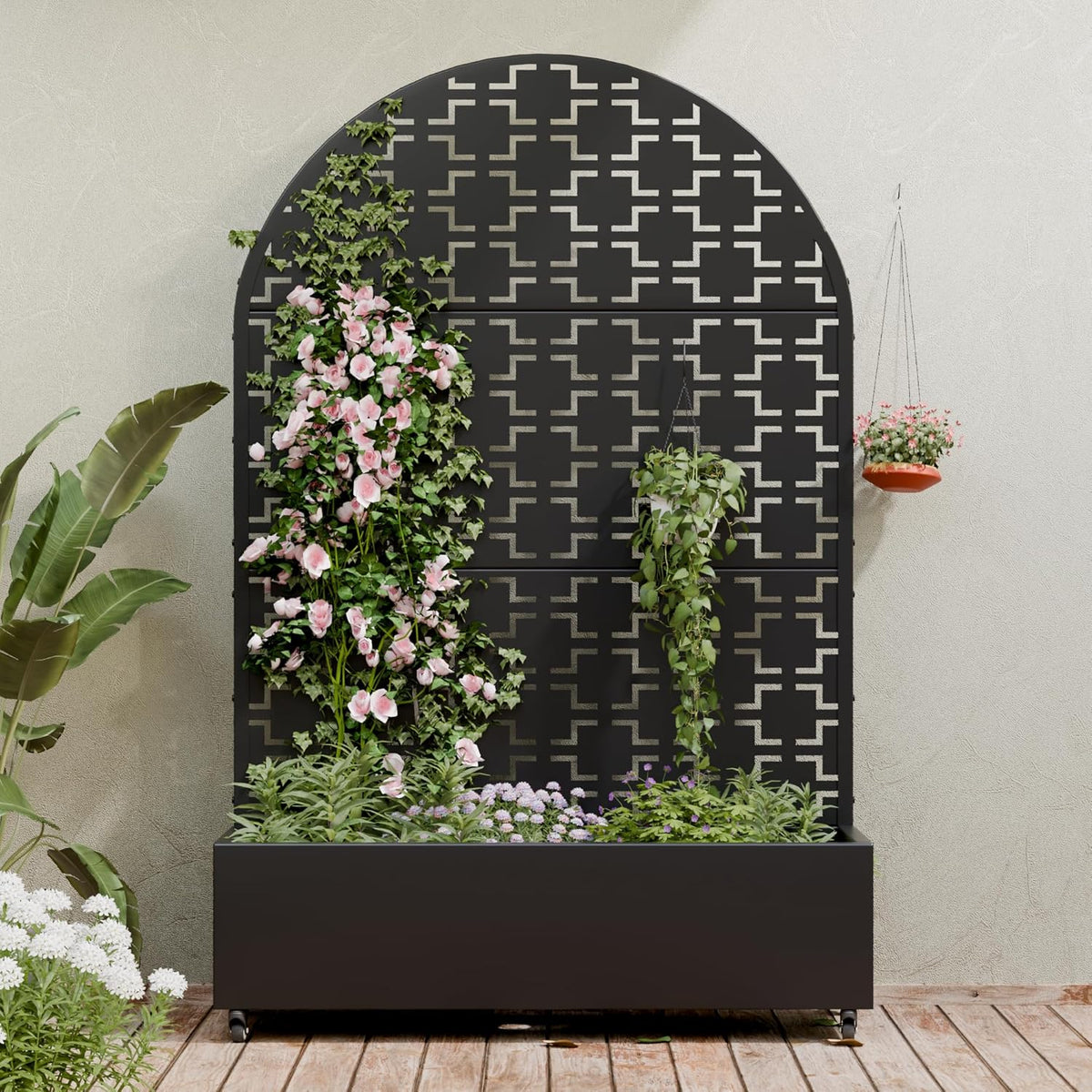 Casaphoria Metal Raised Garden Bed with Trellis and Wheels, 72"x47"x16" Planter Box for Climbing Plants, Vegetables & Vines, Features Drainage Holes and Privacy Screen (Black-Louver) - Colors D