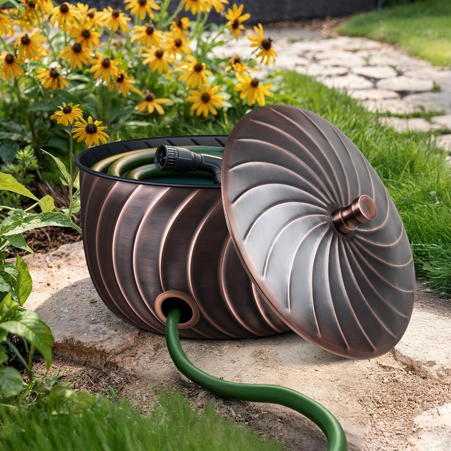 Monarch Abode Garden Hose Holder with Lid – Decorative Water Hose Holders for Outside, Wave Embossed Metal Matte Black Pot with Drainage, 100ft Waterhose Holder for Outside, Garden Storage Caddy