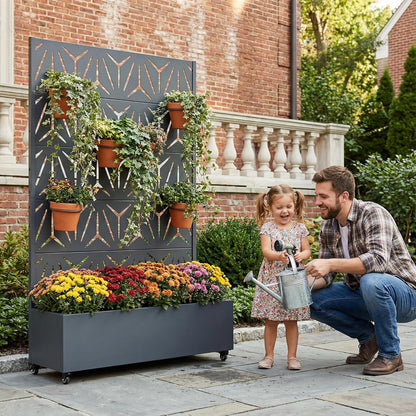 Casaphoria Metal Raised Garden Bed with Trellis and Wheels, 72"x47"x16" Planter Box for Climbing Plants, Vegetables & Vines, Features Drainage Holes and Privacy Screen (Black-Louver) - Colors D