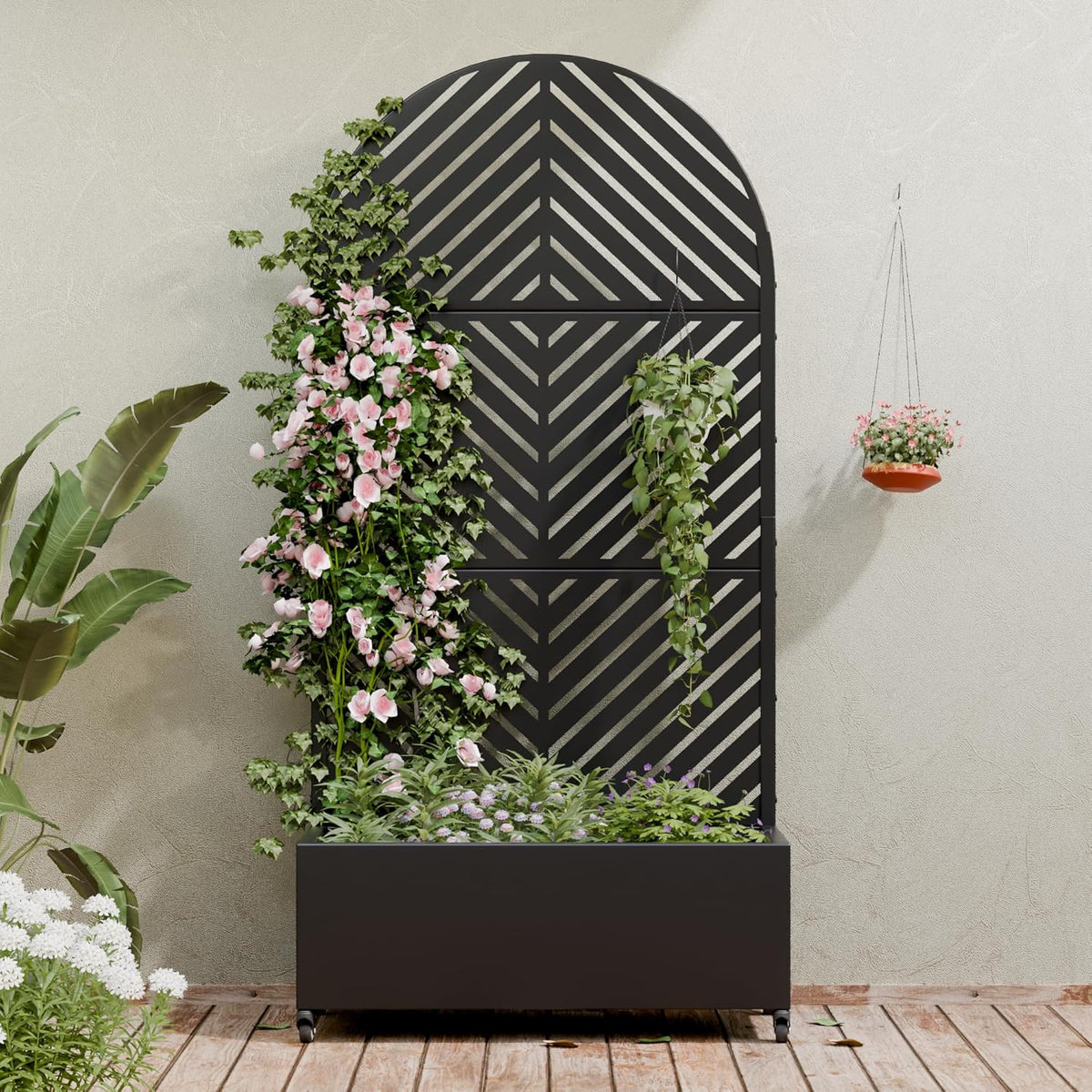 Casaphoria Metal Raised Garden Bed with Trellis and Wheels, 72"x47"x16" Planter Box for Climbing Plants, Vegetables & Vines, Features Drainage Holes and Privacy Screen (Black-Louver) - Colors A