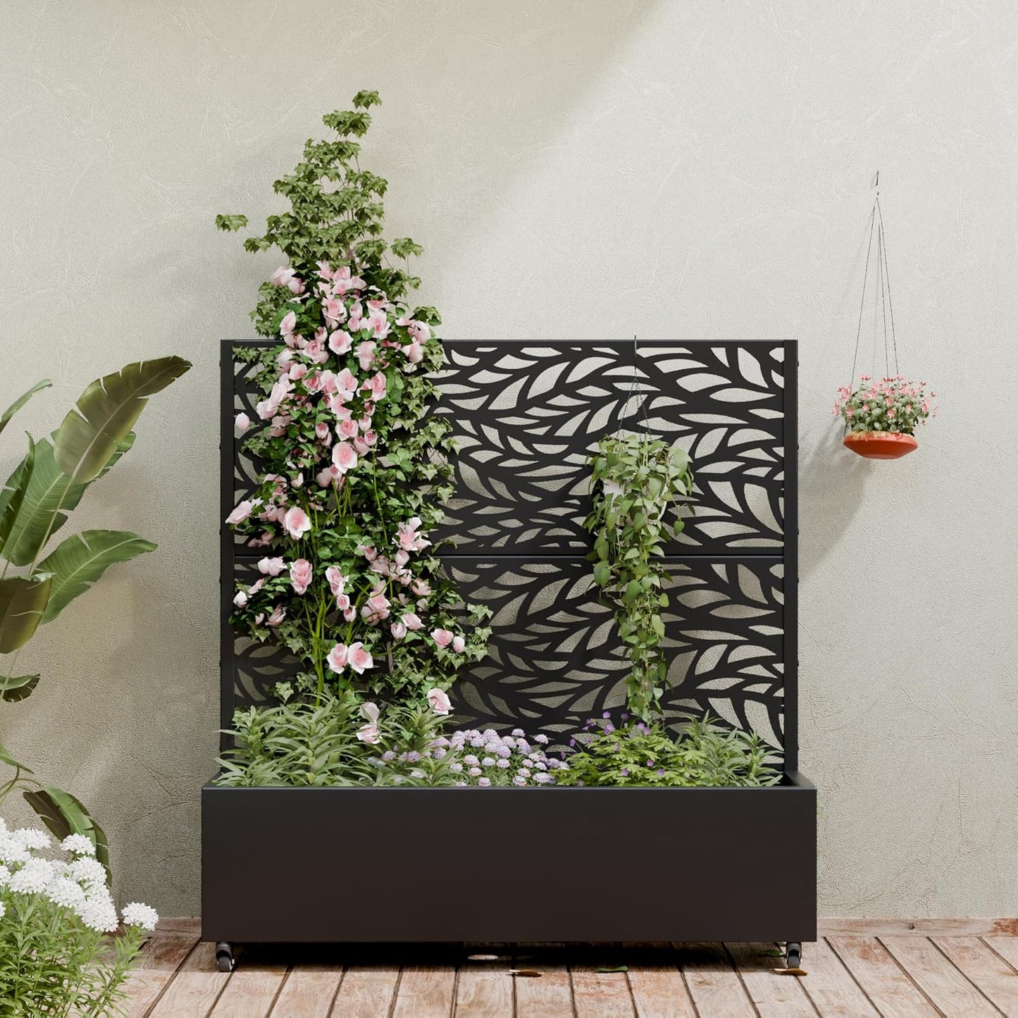 Casaphoria Metal Raised Garden Bed with Trellis and Wheels, 72"x47"x16" Planter Box for Climbing Plants, Vegetables & Vines, Features Drainage Holes and Privacy Screen (Black-Louver) - Colors D