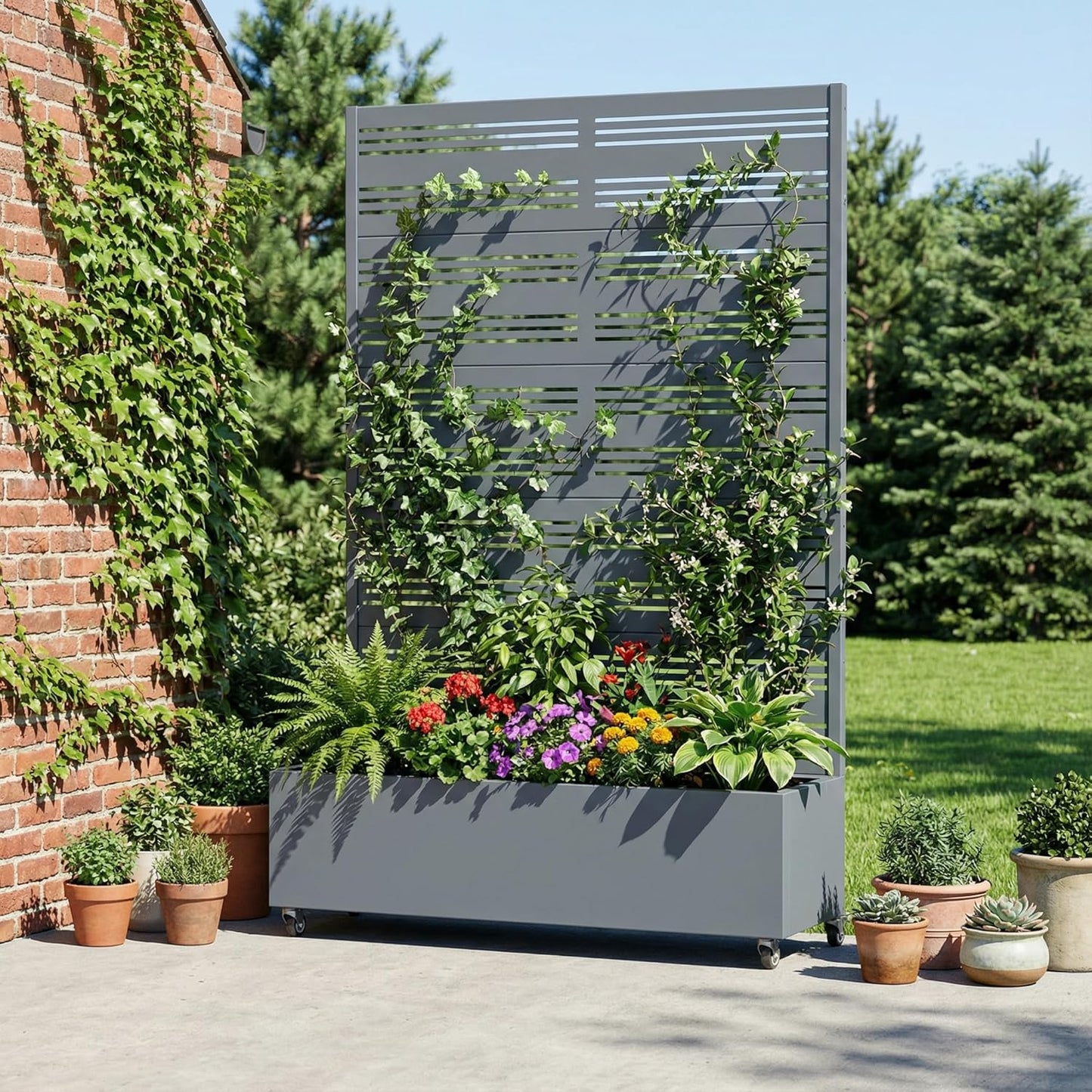 Casaphoria Metal Raised Garden Bed with Trellis and Wheels, 72"x47"x16" Planter Box for Climbing Plants, Vegetables & Vines, Features Drainage Holes and Privacy Screen (Black-Louver) - Colors C