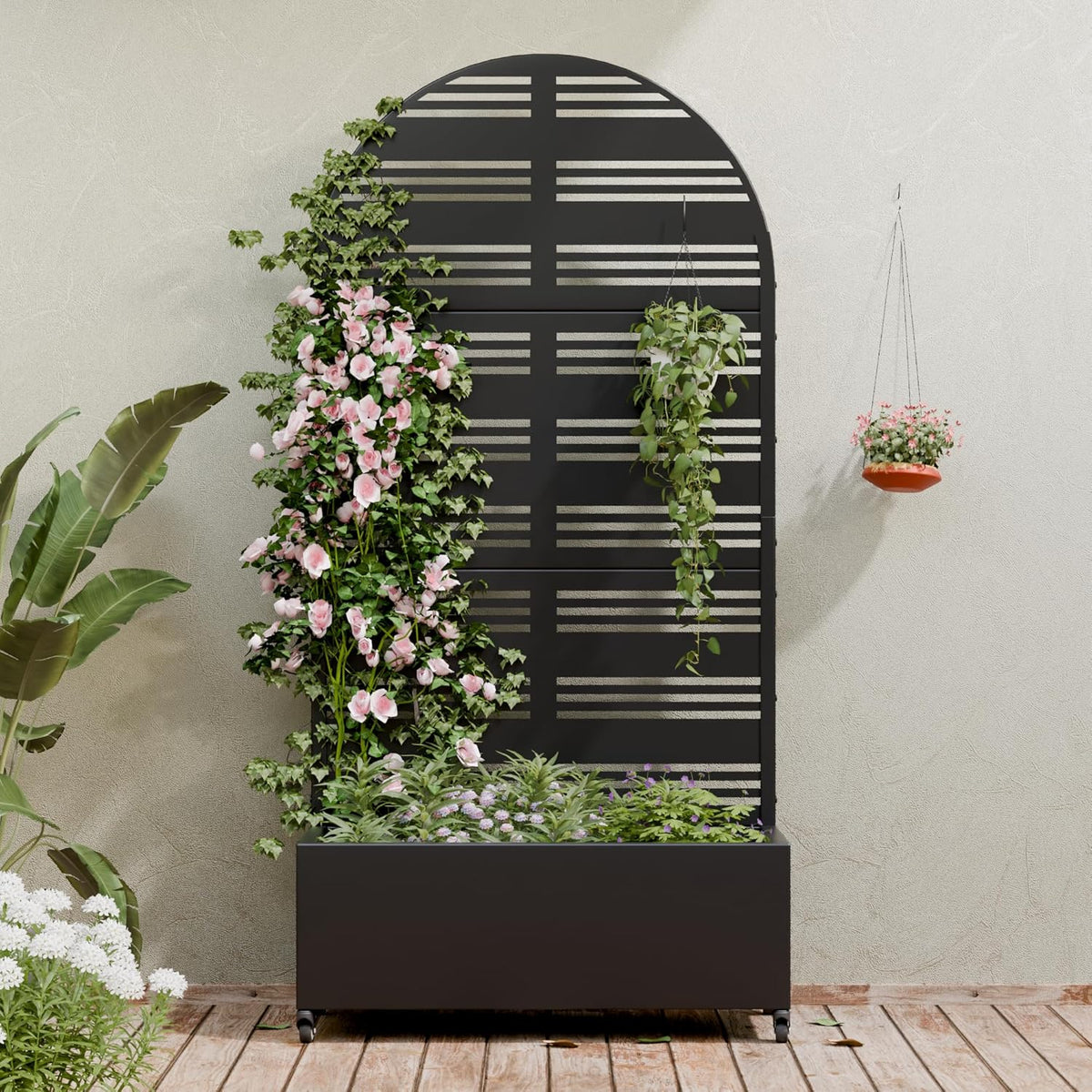 Casaphoria Metal Raised Garden Bed with Trellis and Wheels, 72"x47"x16" Planter Box for Climbing Plants, Vegetables & Vines, Features Drainage Holes and Privacy Screen (Black-Louver) - Colors C