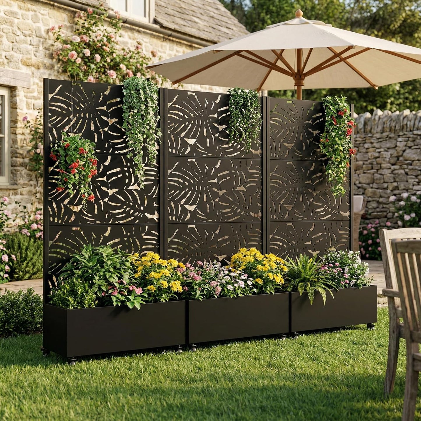 Casaphoria Metal Raised Garden Bed with Trellis and Wheels, 72"x47"x16" Planter Box for Climbing Plants, Vegetables & Vines, Features Drainage Holes and Privacy Screen (Black-Louver) - Colors B