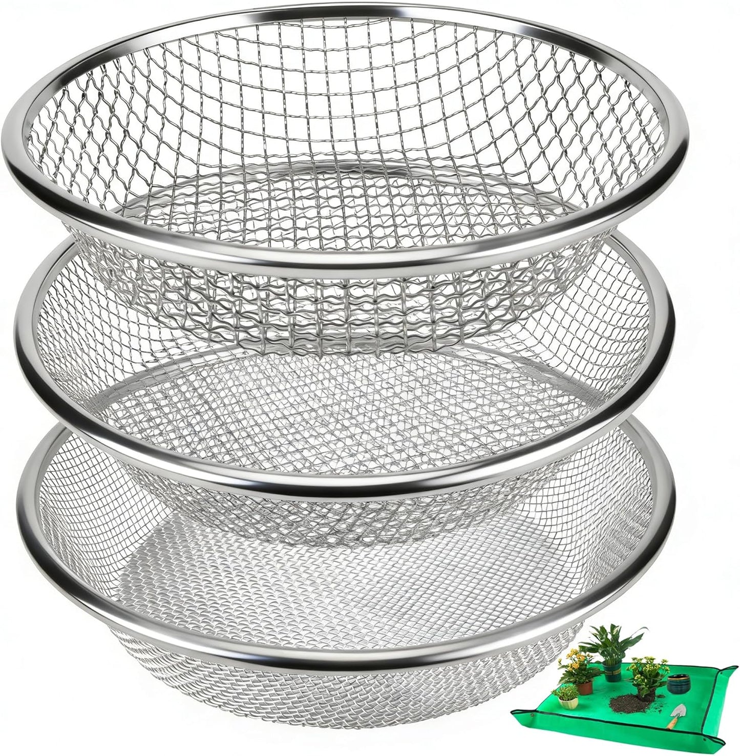 2 Pack Soil Sifter for Gardening - Rock Compost Sand Sifter Fits 5-Gallon Buckets 1/4 Inch & 1/8 Inch Mesh Sifting Screen Sieve for Gravel, Dirt, Sawdust with Repotting Mat