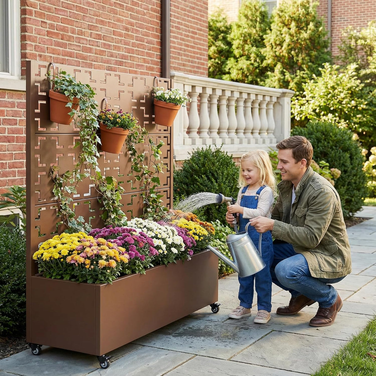 Casaphoria Metal Raised Garden Bed with Trellis and Wheels, 72"x47"x16" Planter Box for Climbing Plants, Vegetables & Vines, Features Drainage Holes and Privacy Screen (Black-Louver) - Colors D