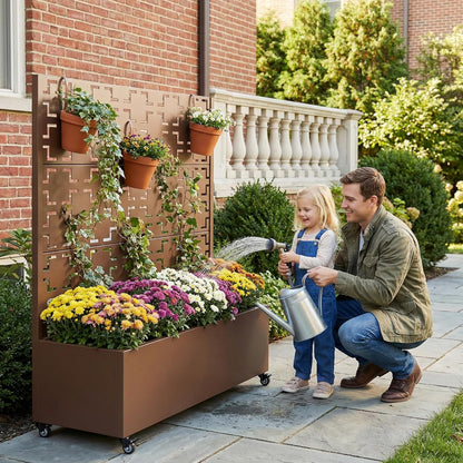 Casaphoria Metal Raised Garden Bed with Trellis and Wheels, 72"x47"x16" Planter Box for Climbing Plants, Vegetables & Vines, Features Drainage Holes and Privacy Screen (Black-Louver) - Colors D